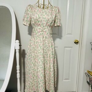 Cream A-line Midi Dress with Puff Sleeves